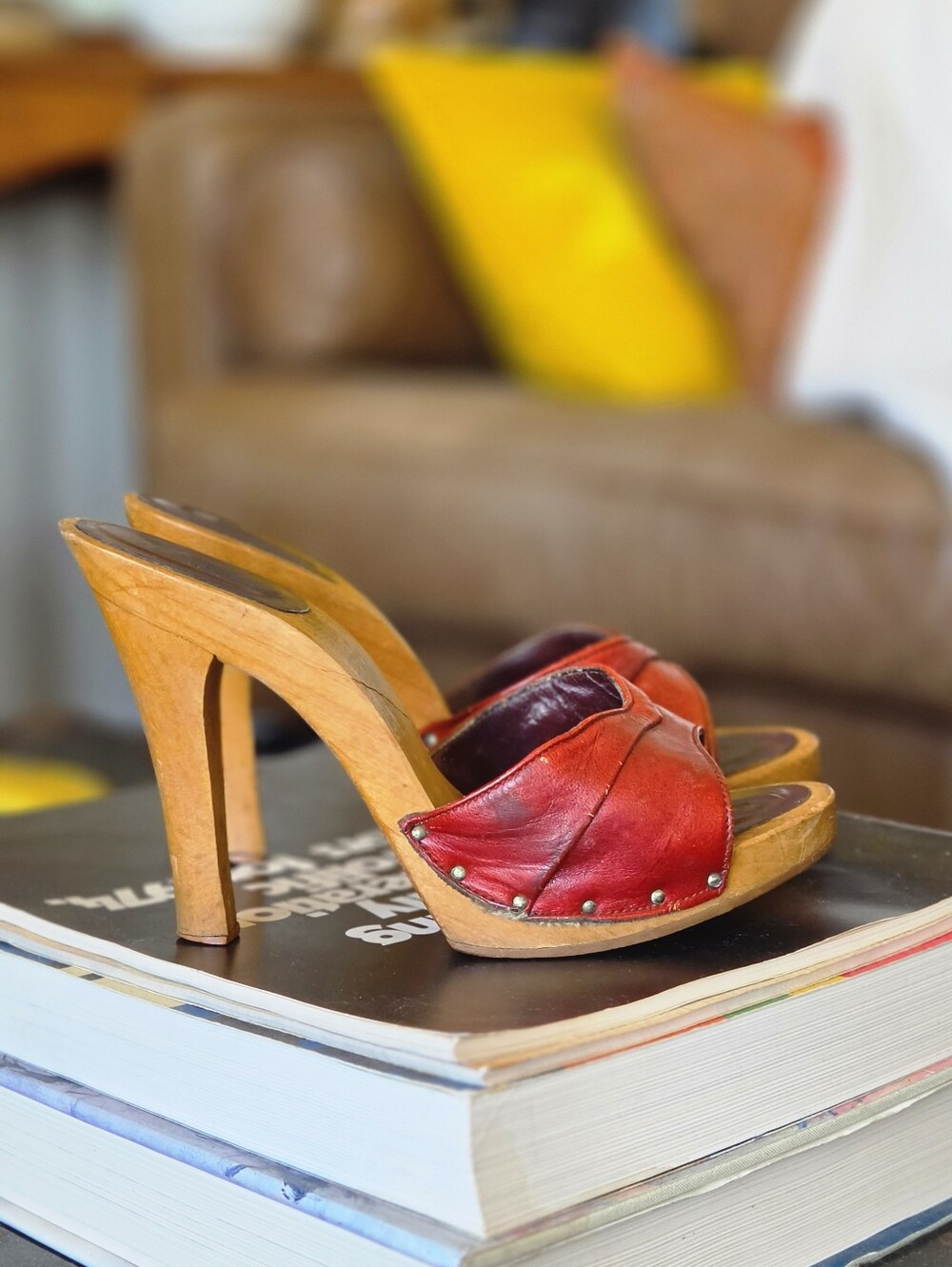VTG 70s Red Leather Wooden Platform Heel Sandals Clogs Mules